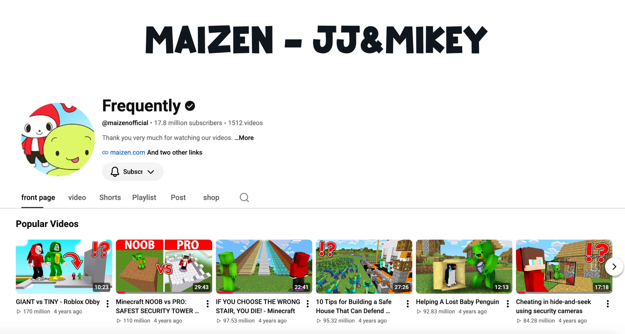 Maizen YouTube 频道主页截图